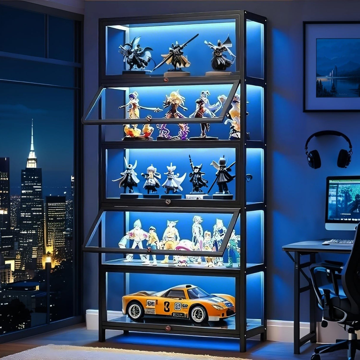 qeknxks Display Cabinet with Acrylic Doors, 5-Tier Bamboo Curio Display Cabinet, Display Cases for Figurine, Toy Organizers Rack & Display Shelf, Kids Bookcase for Home Office, Playroom, Living Room qeknxks