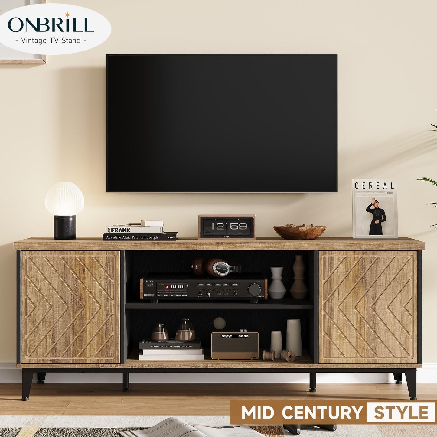 ONBRILL TV Stand for 55/60/65 Inch TV, LED Entertainment Center with Storage Cabinets and Adjustable Shelves, Mid Century Modern Wood TV Media Console for Living Room, Bedroom - WoodArtSupply