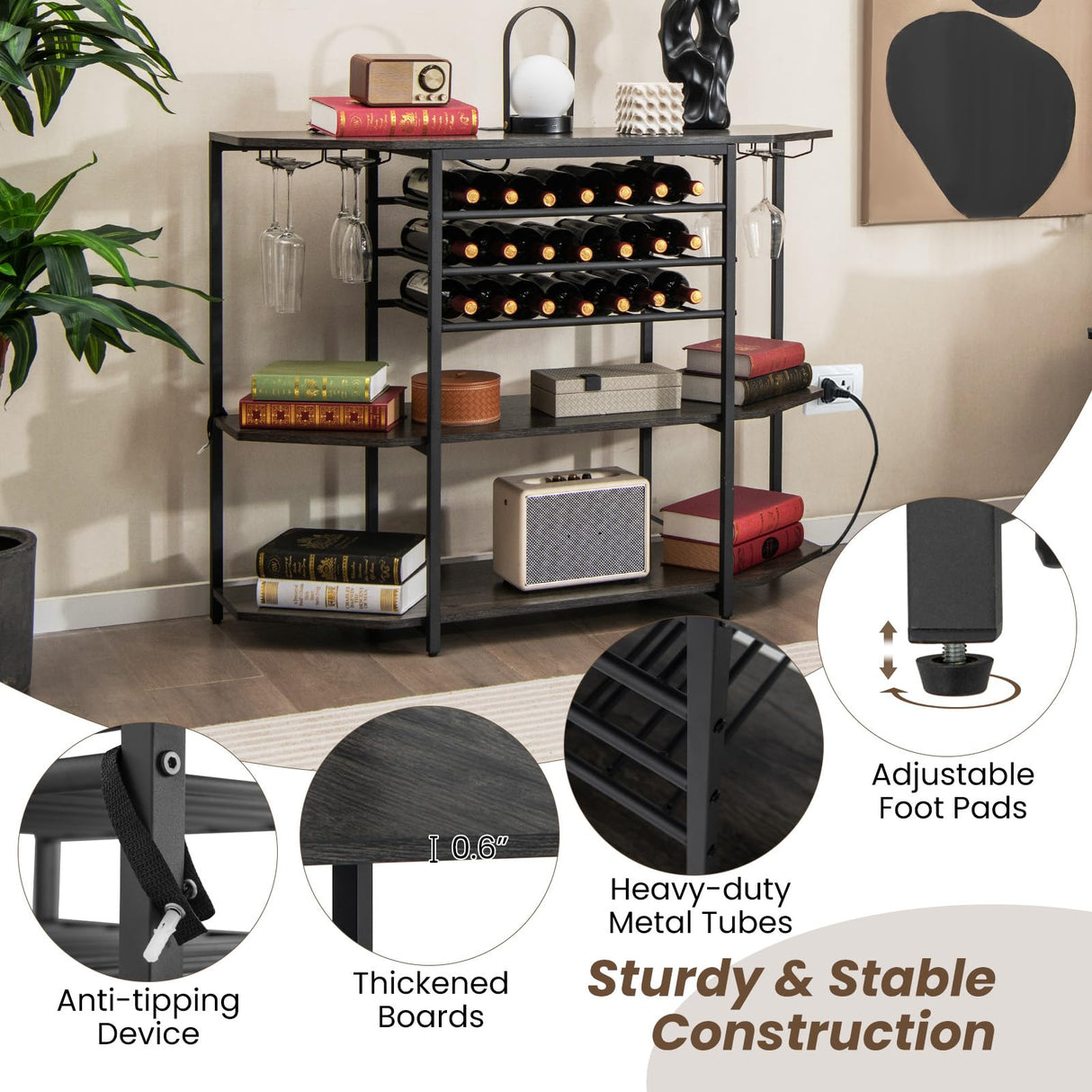 COSTWAY Rustic Grey 3-Tier Wine Bar Cabinet with Charging Station and Ample Storage COSTWAY