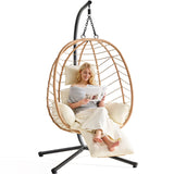 ONBRILL Hanging Egg Chair with Adjustable Footrest & Stand, Wicker Rattan Swing Hammock Chair with Cushion & Double Chains, 350LBS Capacity for Outdoor & Indoor Patio, Deck, Bedroom, Balcony (YE-BE) ONBRILL
