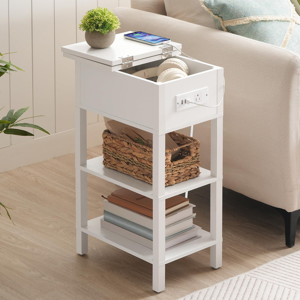 HOOBRO End Table with Charging Station, Flip Top Side Table with USB Ports, Narrow Nightstand Bedside Tables with Storage Shelves, for Small Space, Living Room, White WT141UBZ01 HOOBRO