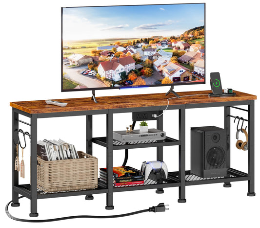 Furologee TV Stand with Power Outlets, Entertainment Center with Open Storage Shelves for TVs up to 55 Inch, TV Media Console Table with Soundbar Shelf for Living Room, Bedroom, Rustic Brown - WoodArtSupply