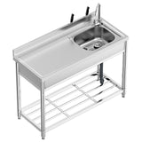 Free Standing Stainless-Steel Single Bowl, Commercial Restaurant Kitchen Sink Set w/Faucet & Drainboard, Prep & Utility Washing Hand Basin w/Workbench & Storage Shelves Indoor Outdoor (47in) KINGBO