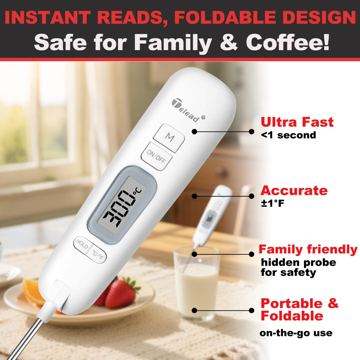 Telead Digital Water Thermometer for Liquid – Instant Read with Retractable Probe, Waterproof Probe for Cooking, Meat, BBQ, Milk & Candles, Safe & Hygienic Design, Long Stainless Steel Probe (White) Telead