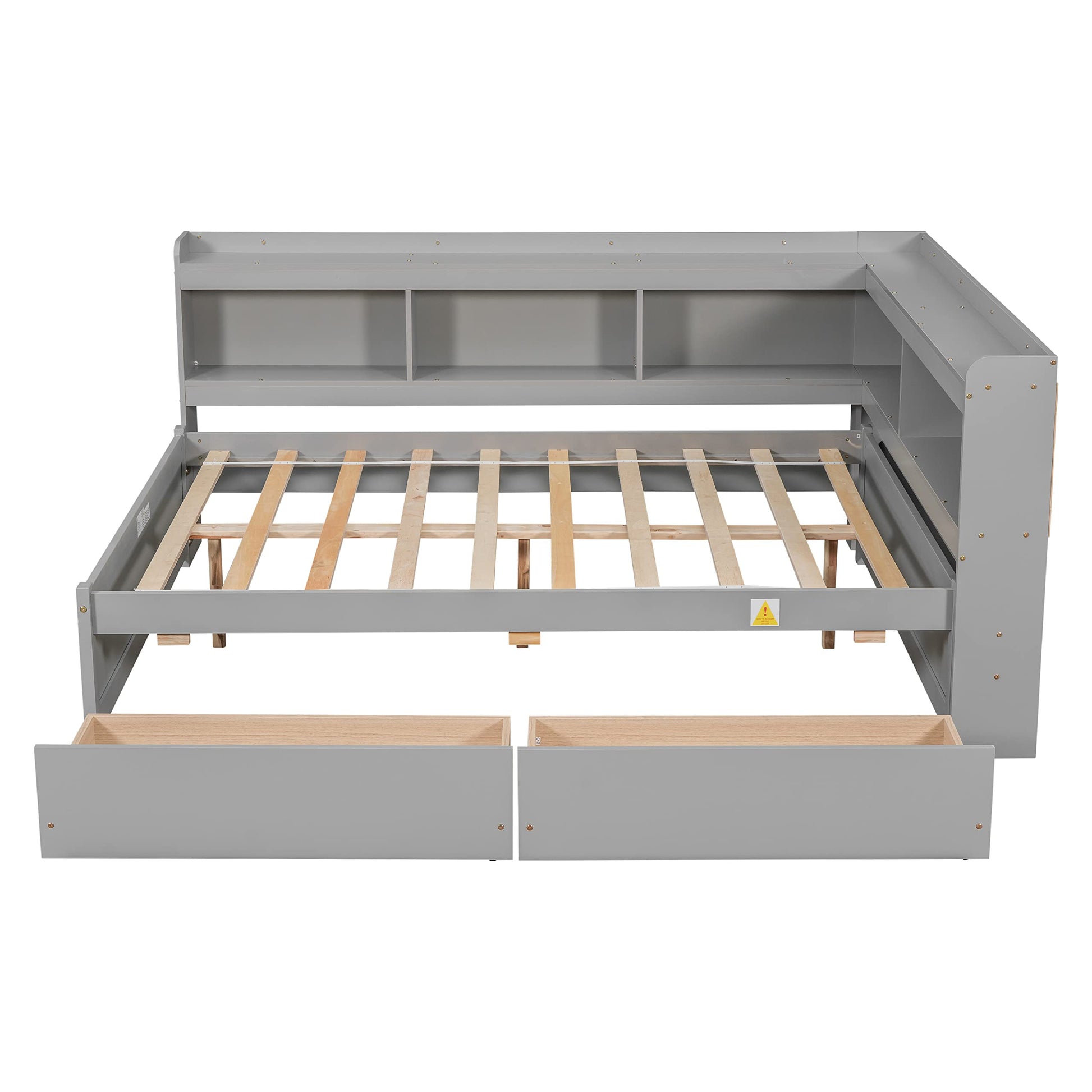 JIVOIT Full Size Captain Platform Bed with L-Shaped Bookcases and Dual Storage Drawers in Gray - WoodArtSupply