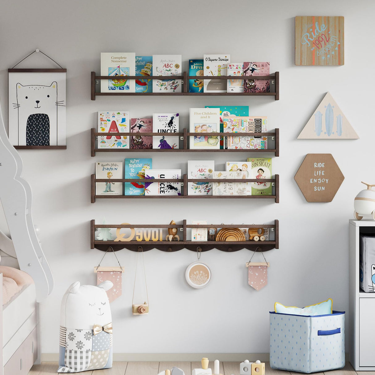 ECOOCE 34Inch Nursery Bookshelves,Set of 4,Wall Floating Shelf Kids Coat Rack with 6Hooks,Hanging Book Shelf for Baby Nursery Room Décor (Dark Brown, 34) ECOOCE