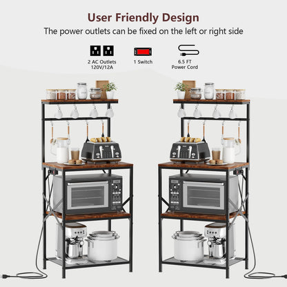 Kitchen Bakers Rack with Power Outlet, Small Microwave Stand with Adjustable Storage Shelves, Coffee Bar Table with 8 Hooks, 4 Tiers Kitchen Coffee Stand Station for Small Space, Rustic Brown