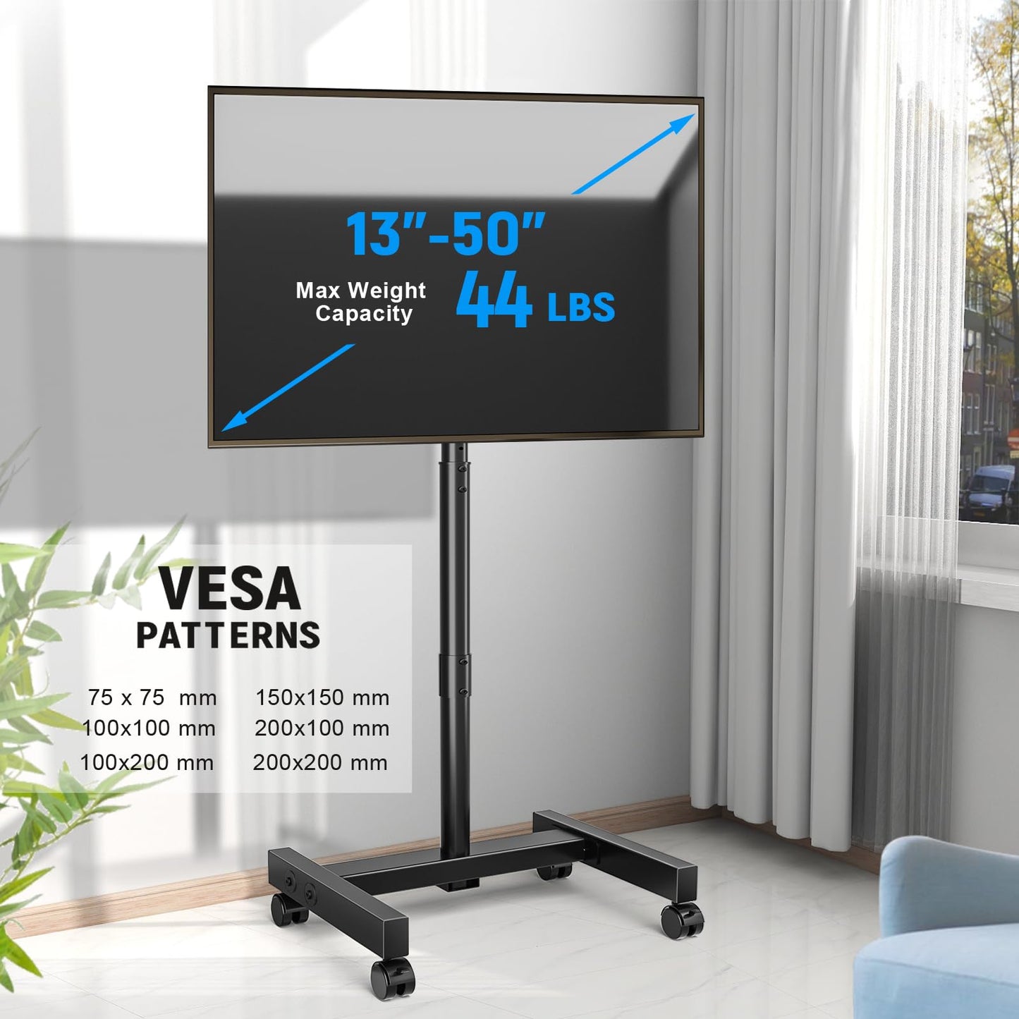 YOMT Mobile TV Cart Rolling TV Stand for 13-50 inch Screens, Tilting and Rotating Mount, Portrait to Landscape, Height Adjustable Portable TV Stand with Wheels Holds up to 44lbs Max VESA 200x200mm