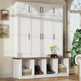 Merax Hall Tree with Entryway Bench and Shoe Cabinet, Multi-Functional Seating Bench with 4 Hanging Hooks and 8 Doors, White Merax