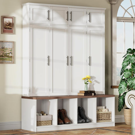 Merax Hall Tree with Entryway Bench and Shoe Cabinet, Multi-Functional Seating Bench with 4 Hanging Hooks and 8 Doors, White Merax