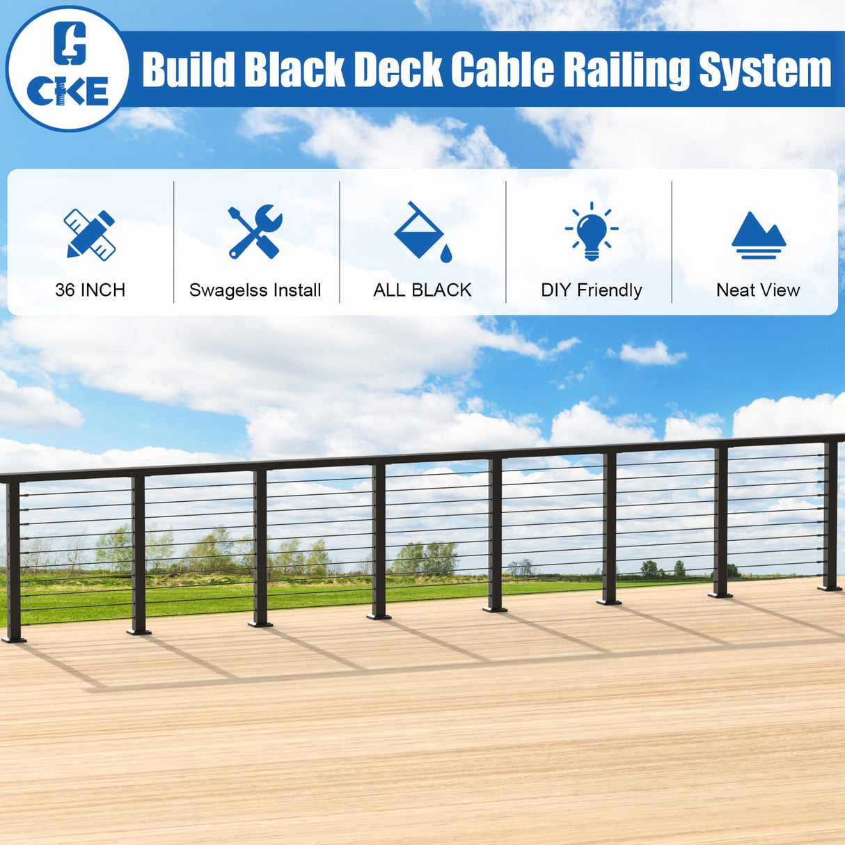CKE 10ft-15ft Complete Set 36" Cable Railing Post Kit, 3Pack Black Level Drilled Line Posts(35"x2"x2"), Swageless Deck Cable Railing System Kit, 220ft 1/8" Wire Rope(No Handrail), Black Post Kit LPS02 CKE
