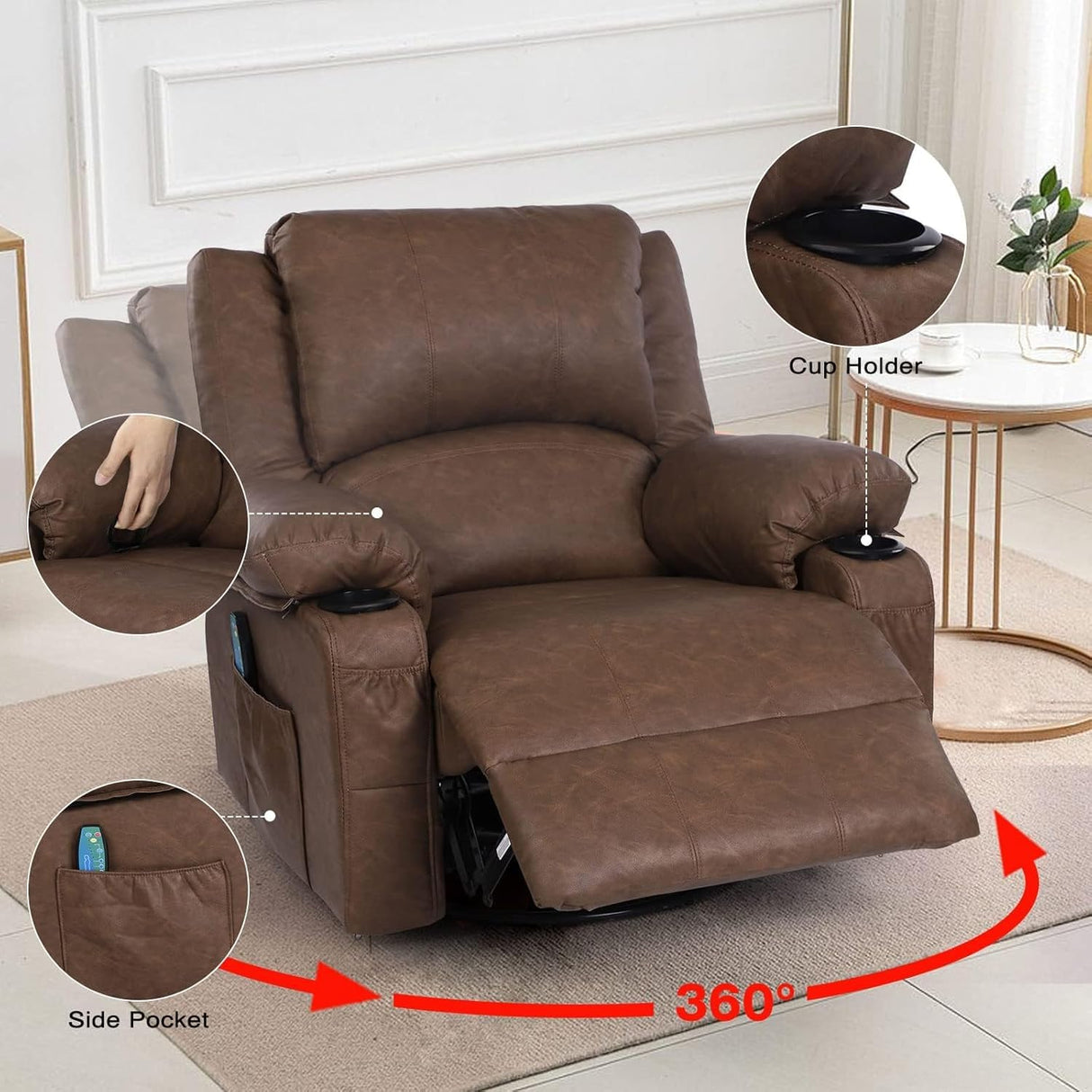 Rocker Recliner Chairs with Massage and Heat, Overstuffed Leather Swivel Recliner Chairs for Adults, Manual Rocking Single Sofa Lounge Chair Recliners with Cup Holders for Living Room,Men,Women,Brown KCREAM