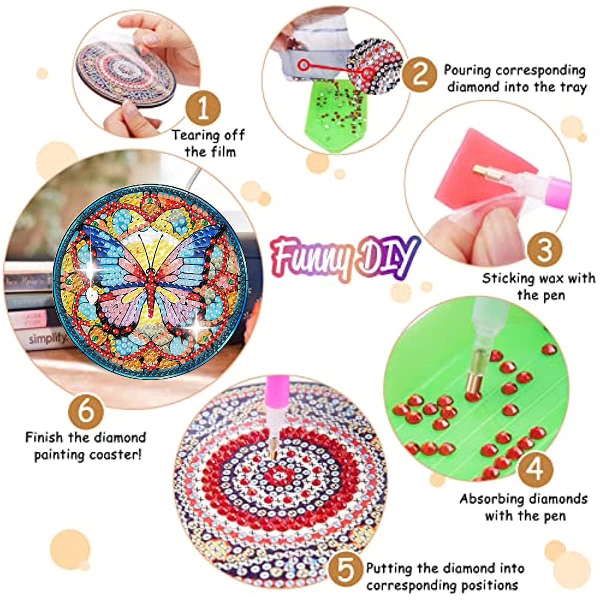 Zythron 8 PCS Butterfly Diamond Art Coasters Diamond Painting Coasters Kits with Holder Butterfly DIY Coaster for Beginners, Adults, Diamond Art Crafts Supplies 4x4 in Zythron