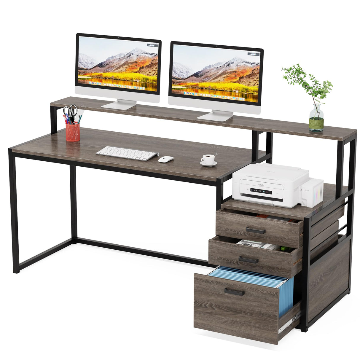Tribesigns 63 Inch Computer Desk with File Drawer Cabinet, Ergonomic Office Desk with Monitor Stand, Industrial Computer Table with Printer Space, Wood PC Table Workstation Desk for Home Office Tribesigns