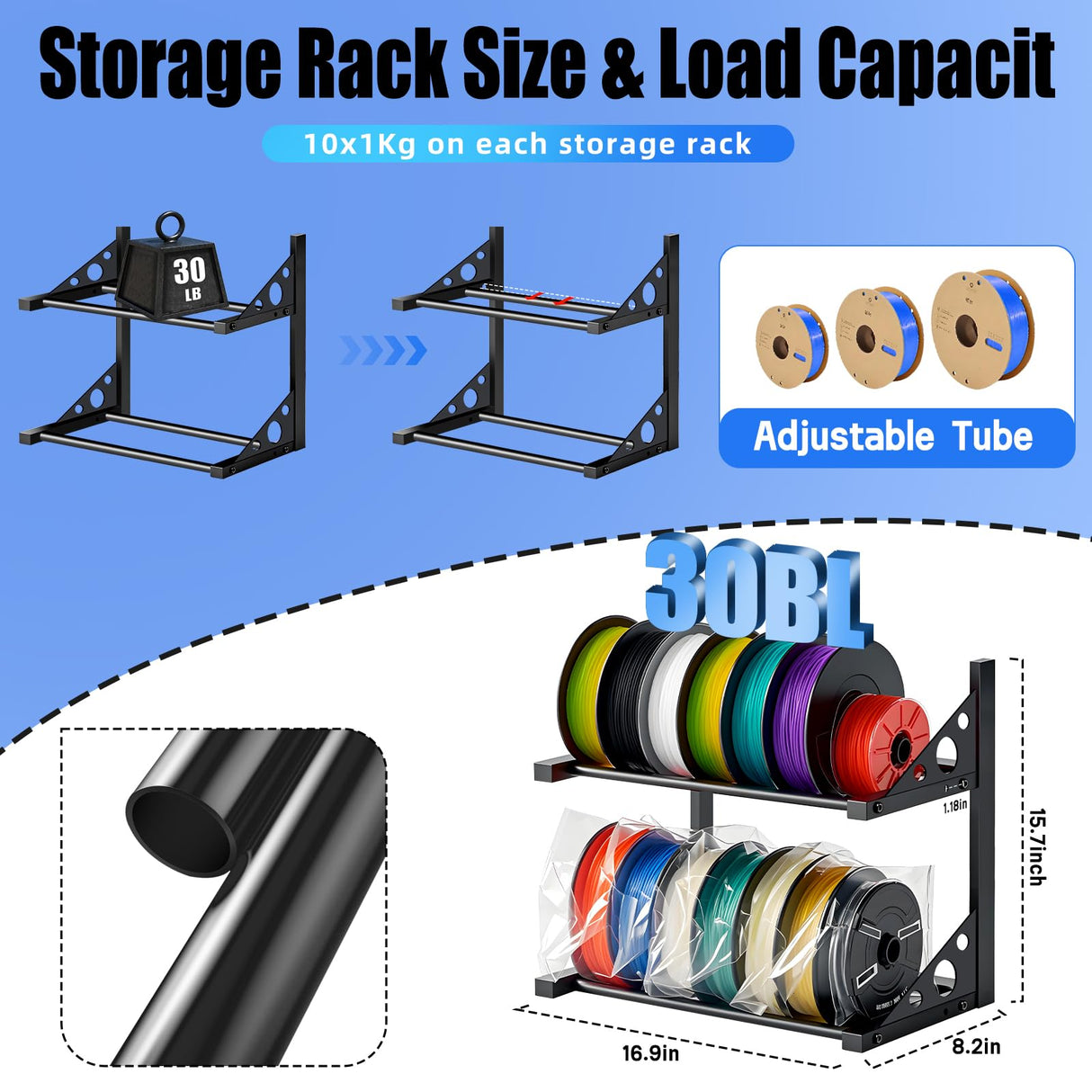 3D Filament Rack Wall Mount, Desktop 3D Printer Filament Storage, Rolling 3D Filament Holders Racks, 2-Tier Heavy Duty Metal Shelf for TPU/PLA/ABS Karuikev