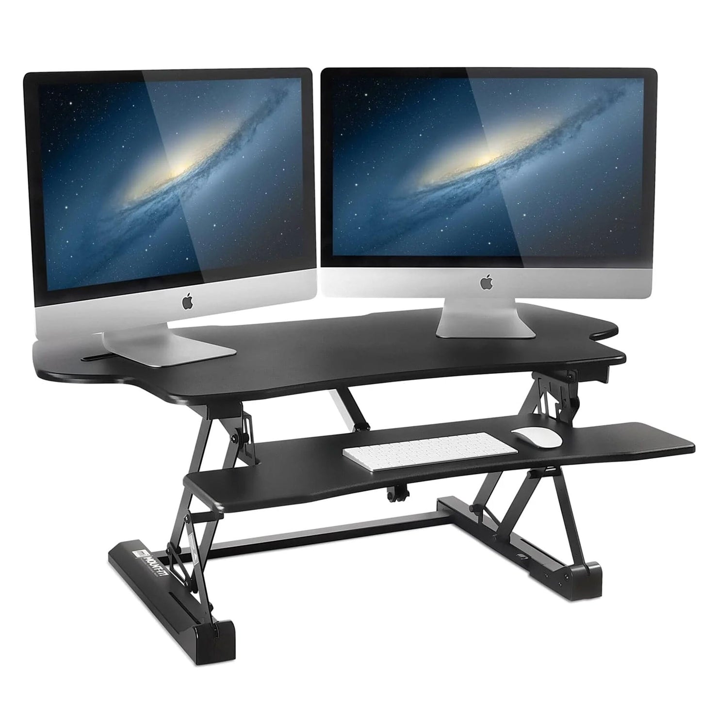 Mount-It! Adjustable Height Standing Desk Converter, Extra Large 48” Wide Tabletop for Dual Monitors, Stand Up Desk Riser to 19.25" Tall - Electric Raising Desk Convertor in Black - WoodArtSupply