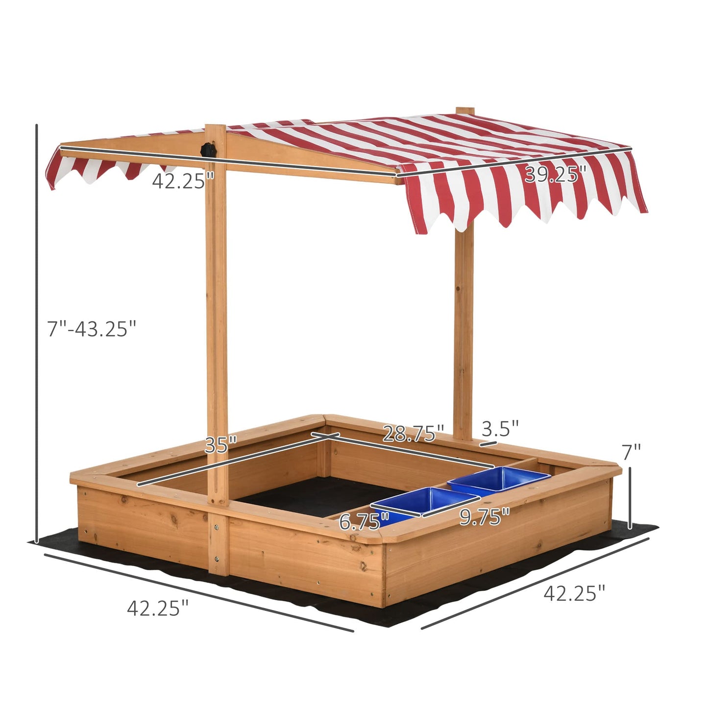 Outsunny Kids Wooden Sandbox with Adjustable Height Cover and Toy Bin Storage, Children Sand Play Station Outdoor,Bottom Liner, for Backyard, Ages 3-7