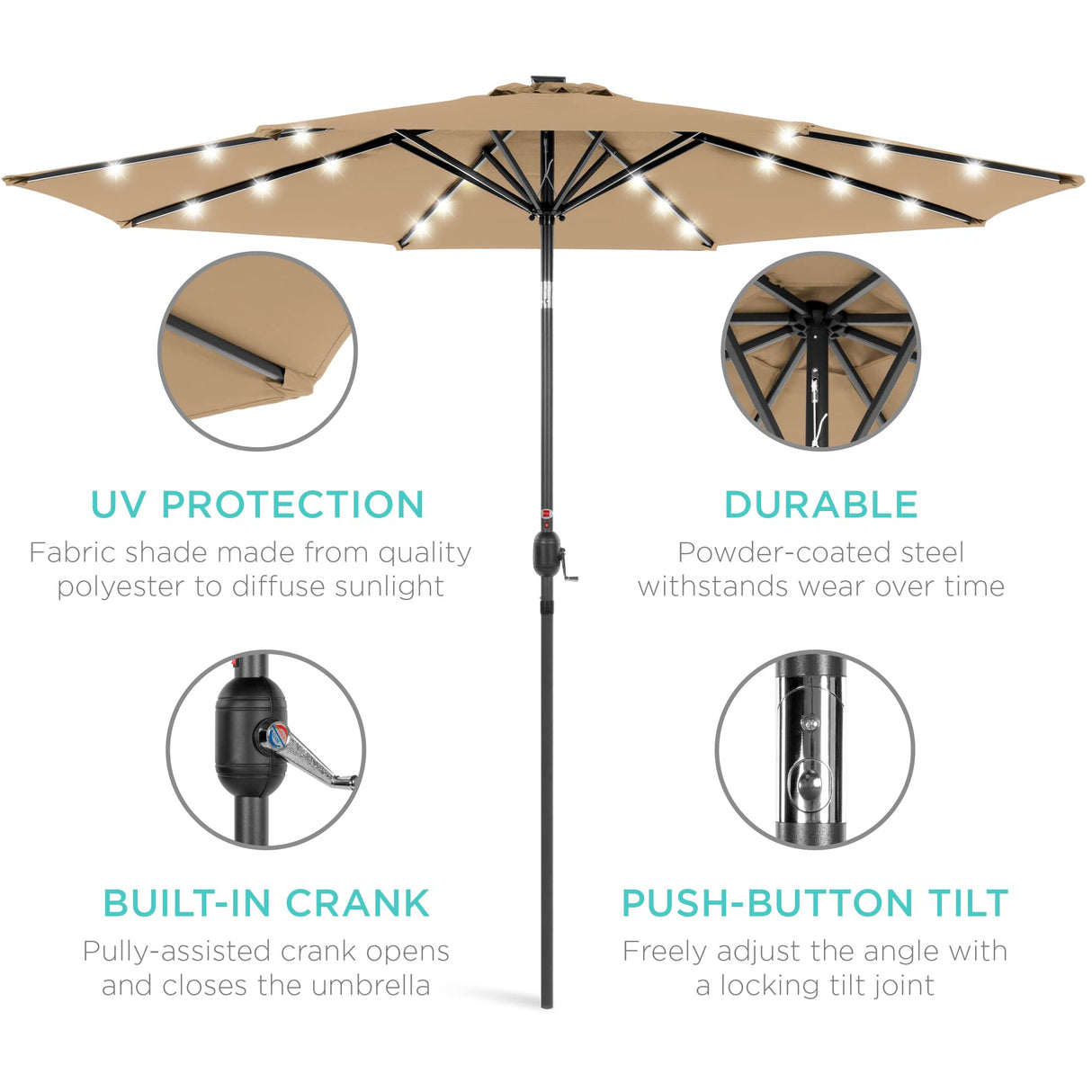 Best Choice Products 10ft Solar Polyester LED Lighted Patio Umbrella w/Tilt Adjustment and UV-Resistant Fabric - Tan Best Choice Products
