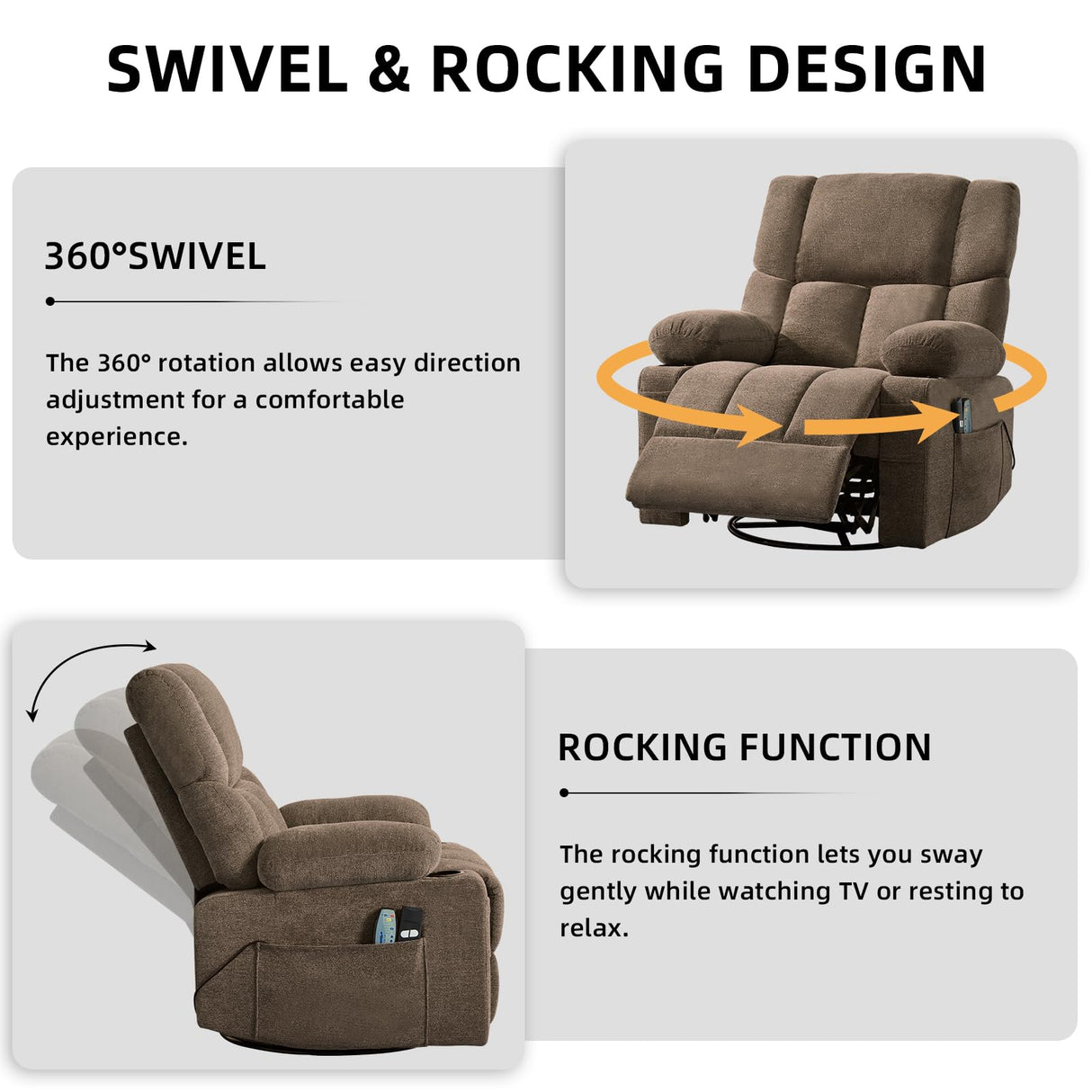 IOMOR Power Recliner Chair with Massage and Heating, 360° Swivel Rocker Glider Chair for Adults, Upholstered Fabric Reclining with Side Pockets and Cup Holder for Living Room, Nursery (1, Brown) IOMOR