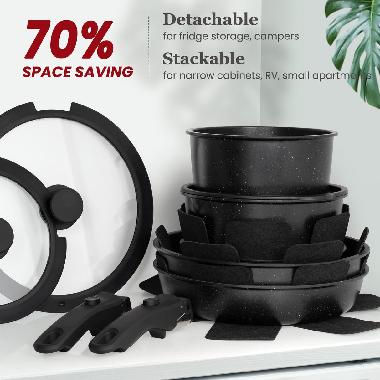 KIKCOIN 20 Pcs Pots and Pans Set Non Stick, Detachable Handle Cookware Sets Nonstick, Non Toxic Induction RV Kitchen Cooking Set with Removable Handles, Dishwasher/Oven Safe, Easy Clean (Black) Kikcoin