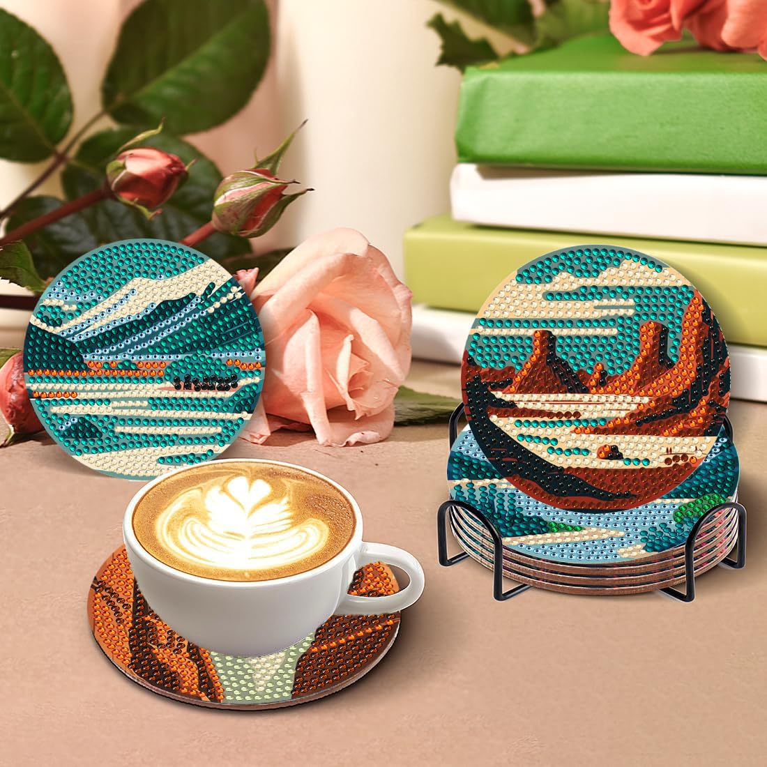 DOTZSO 8 Pcs Diamond Art Coasters Kit with Holder Diamond Art Kits for Adults Beginners Small Diamond Painting Coasters Arts and Crafts for Adults Supplies Item Sets (Landscape) DOTZSO
