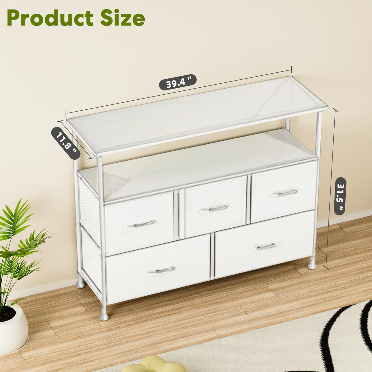 Simple Deluxe TV Stand Dresser for Bedroom Entertainment Center with 5 Fabric Drawers, Storage Organizers Units for Living Room, Media Console Table with Open Shelf up for 45" TV, White, Wood top Simple Deluxe