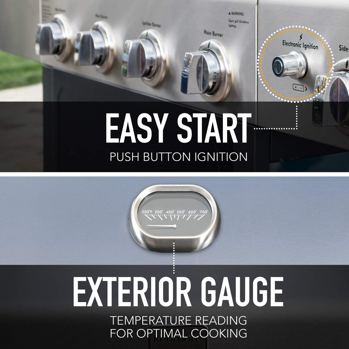 Kenmore 4-Burner BBQ Gas Grill with Side Burner, 53,000 BTUs, Cast Iron Grates, Electronic Ignition, Warming Rack, Open Cart Design, All-Terrain Wheels, Stainless Steel/Black Kenmore