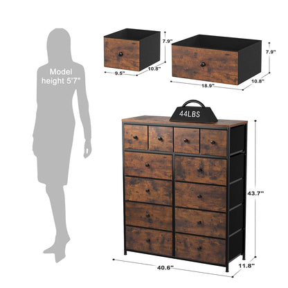 EnHomee Dresser, Dresser for Bedroom with 12 Drawers, Tall Dresser with Wooden Top and Metal Frame, Bedroom Dresser Dressers & Chests of Drawers Clearance, 40.6" W x 11.7" D x 43.7" H, Rustic - WoodArtSupply