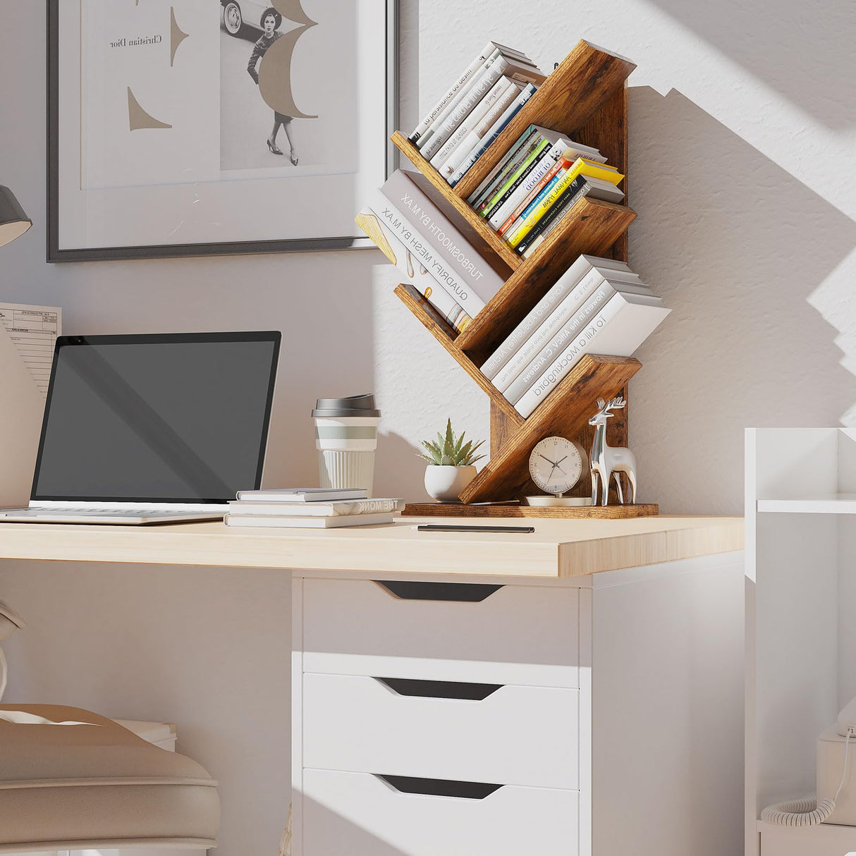 YMYNY Tree Bookshelf, 4-Tier Book Storage Organizer Shelves,Rustic Brown, HBC014H YMYNY