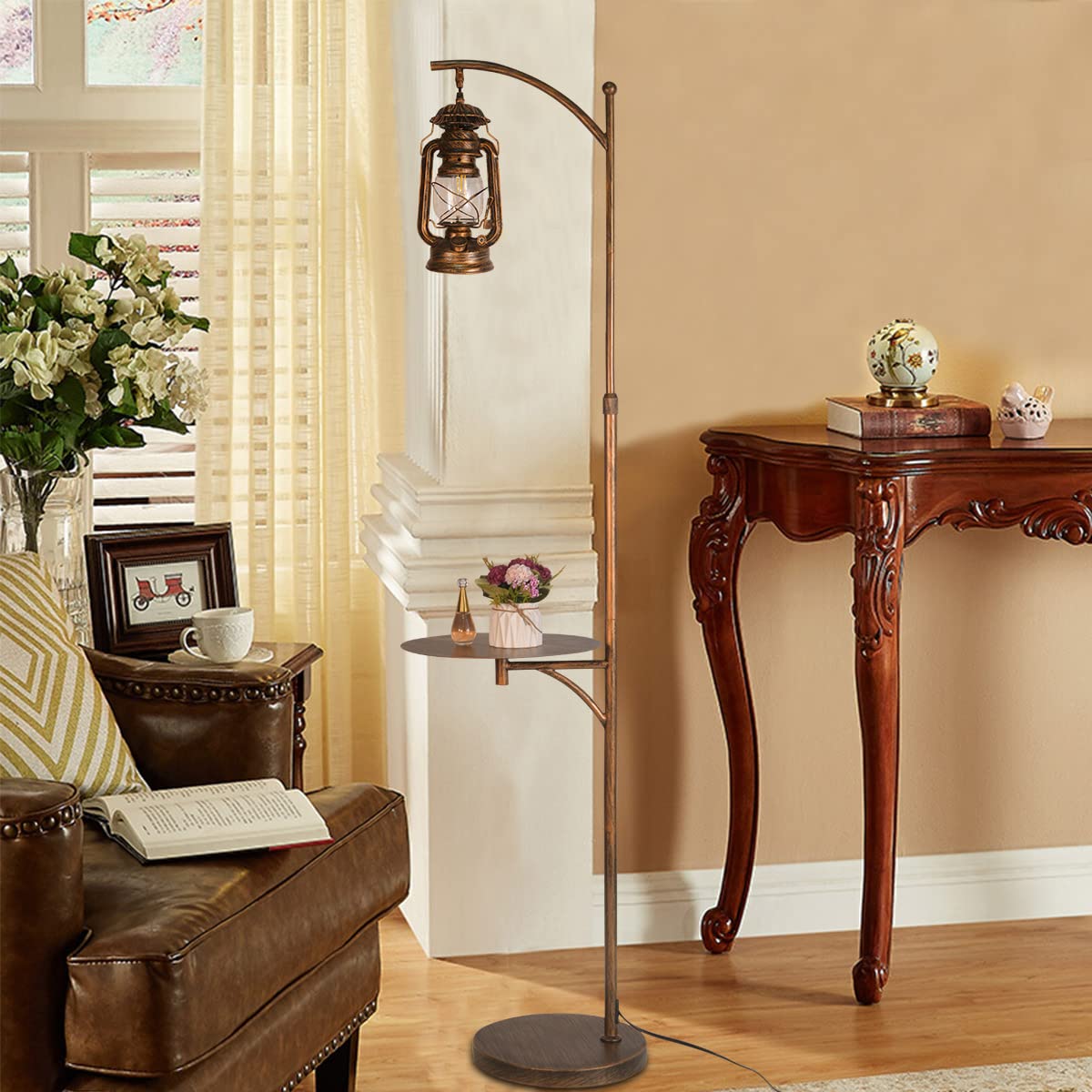 beaysyty Farmhouse Adjustable Floor Lamps with Tray Lantern Tall Standing lamp for Bedroom Home Decor for Office Cafe Den Living Room Bedroom, On/Off Foot Switch and Brushed Rustic (Red Copper) beaysyty