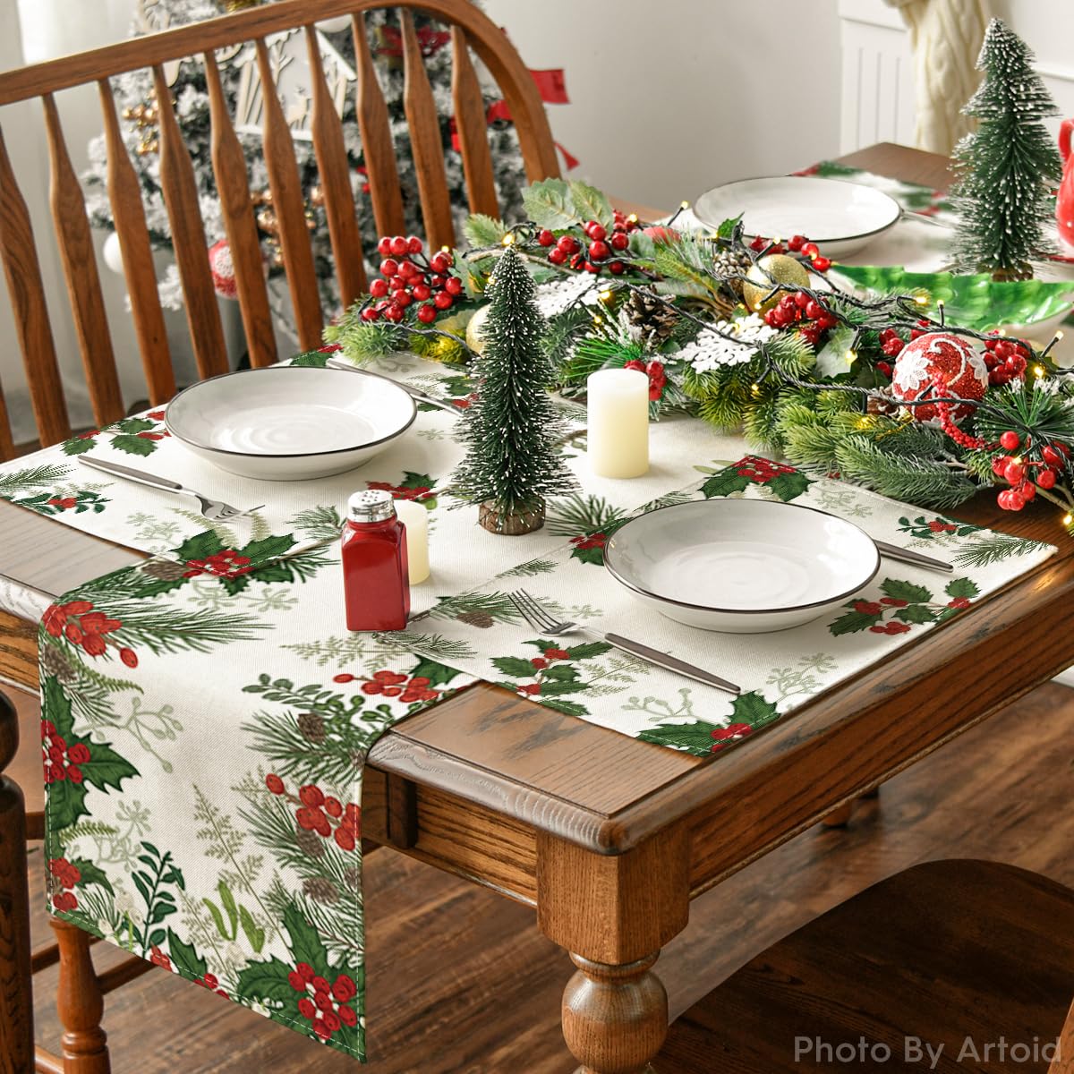 Artoid Mode Holly Pine Cone Christmas Placemats Set of 4, 12x18 Inch Seasonal Winter Table Mats for Party Kitchen Dining Decoration Artoid Mode