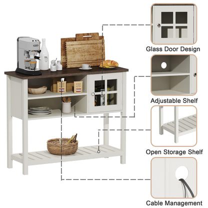 ChooChoo Farmhouse Coffee Bar Cabinet, Buffet Cabinet with Storage, Sideboard Buffet Cabinet with Glass Door, Console Table for Kitchen, Hallway, Entrance, White