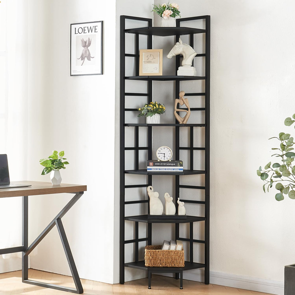 HOMISSUE Corner Shelf, 6 Tier Tall Narrow Bookshelf 76.9", Industrial Corner Bookcase with Storage for Home Office Living Room and Bedroom, Black HOMISSUE