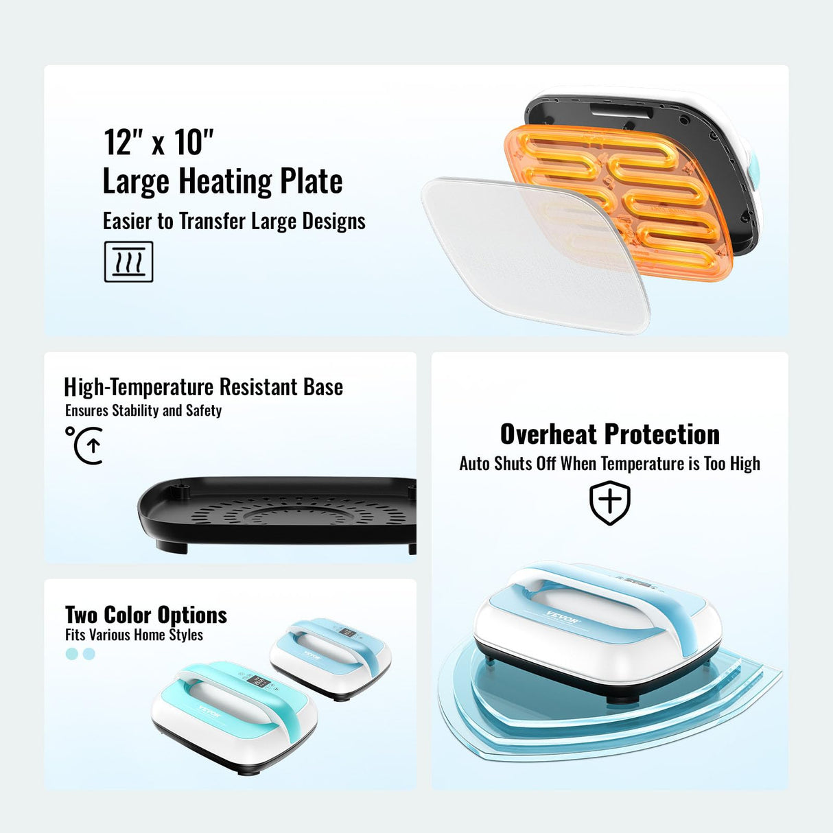 VEVOR Heat Press Machine - 12" x 10" Portable Heat Press - Heat Transfer Machine with Precise Temp Control and Auto-Off Dual-Tube Even Heating - Sublimation Machine for T-Shirts/Bags(Blue+White) VEVOR