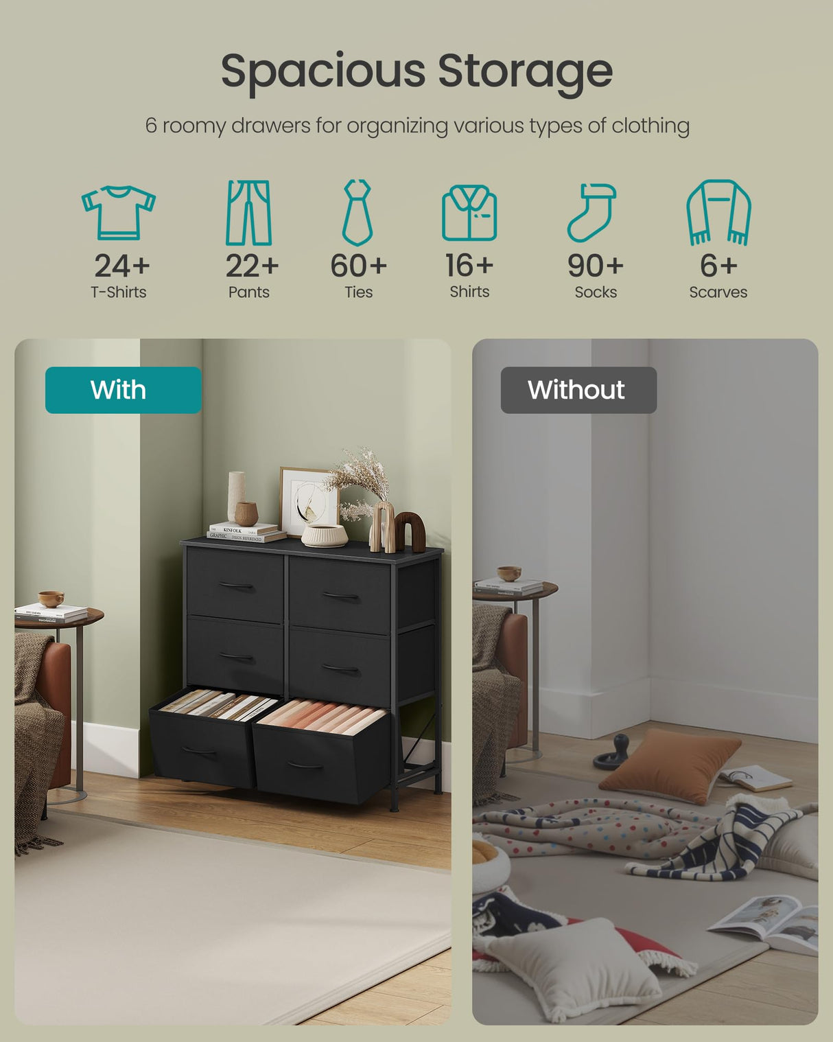 SONGMICS Dresser for Bedroom, Chest of Drawers, TV Stand, Steel, MDF, 6 Non-Woven Fabric Drawers, Storage Organizer Unit, Closet, Entryway, Ink Black and Ebony Black ULGS123B01S SONGMICS