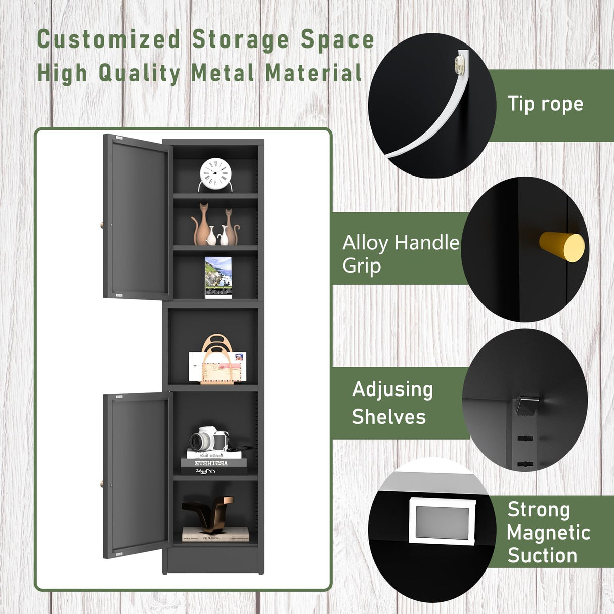 YAUWOH Black Tall Metal Storage Cabinet,Metal Locker Storage Cabinet with 3 Adjustable Shelves and 2 Doors,Narrow Sideboard for Small Spaces, Living Room, Home Office, Dining Room YAUWOH