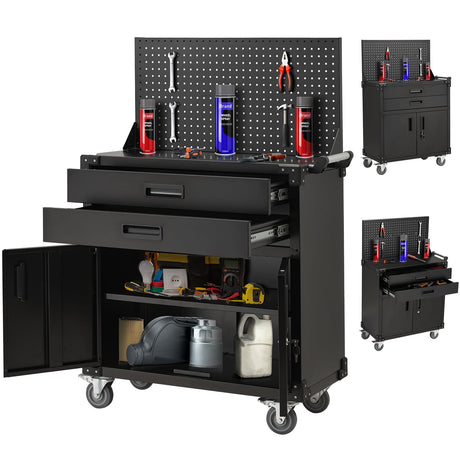 Danrelax 52" Mobile Workbench with Pegboard & Drawers - Heavy-Duty Garage Tool Bench with Lockable Storage, Cold-Rolled Steel, 4 Swivel Casters, Black Danrelax