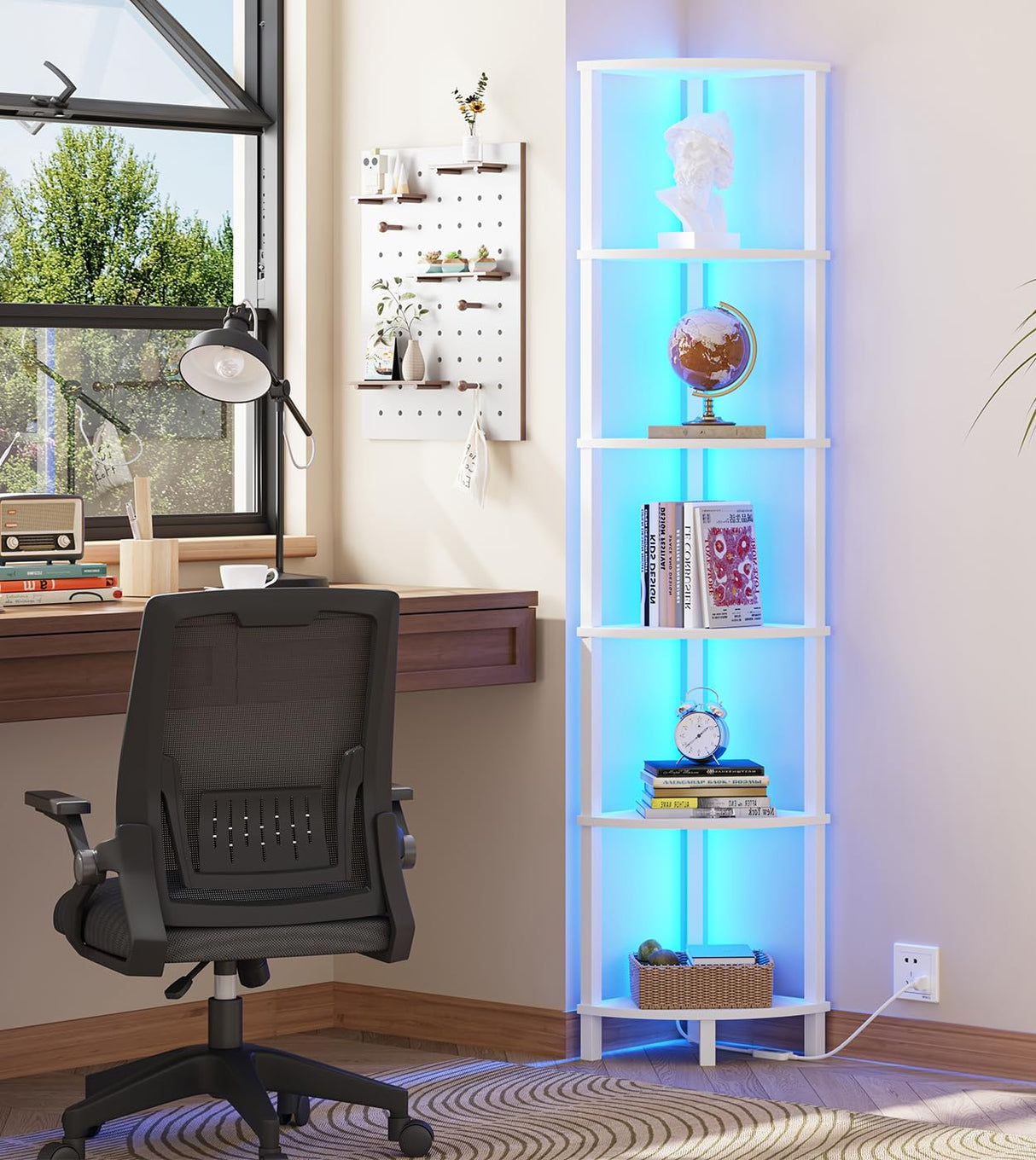 VIMBER Corner Shelf with LED Light, 6-Tier Corner Bookshelf, Industrial Corner Ladder Shelf, Modern Display Shelf for Living Room, Bedroom, Kitchen, Home Office, Sturdy Frame, White UJSJ002W VIMBER