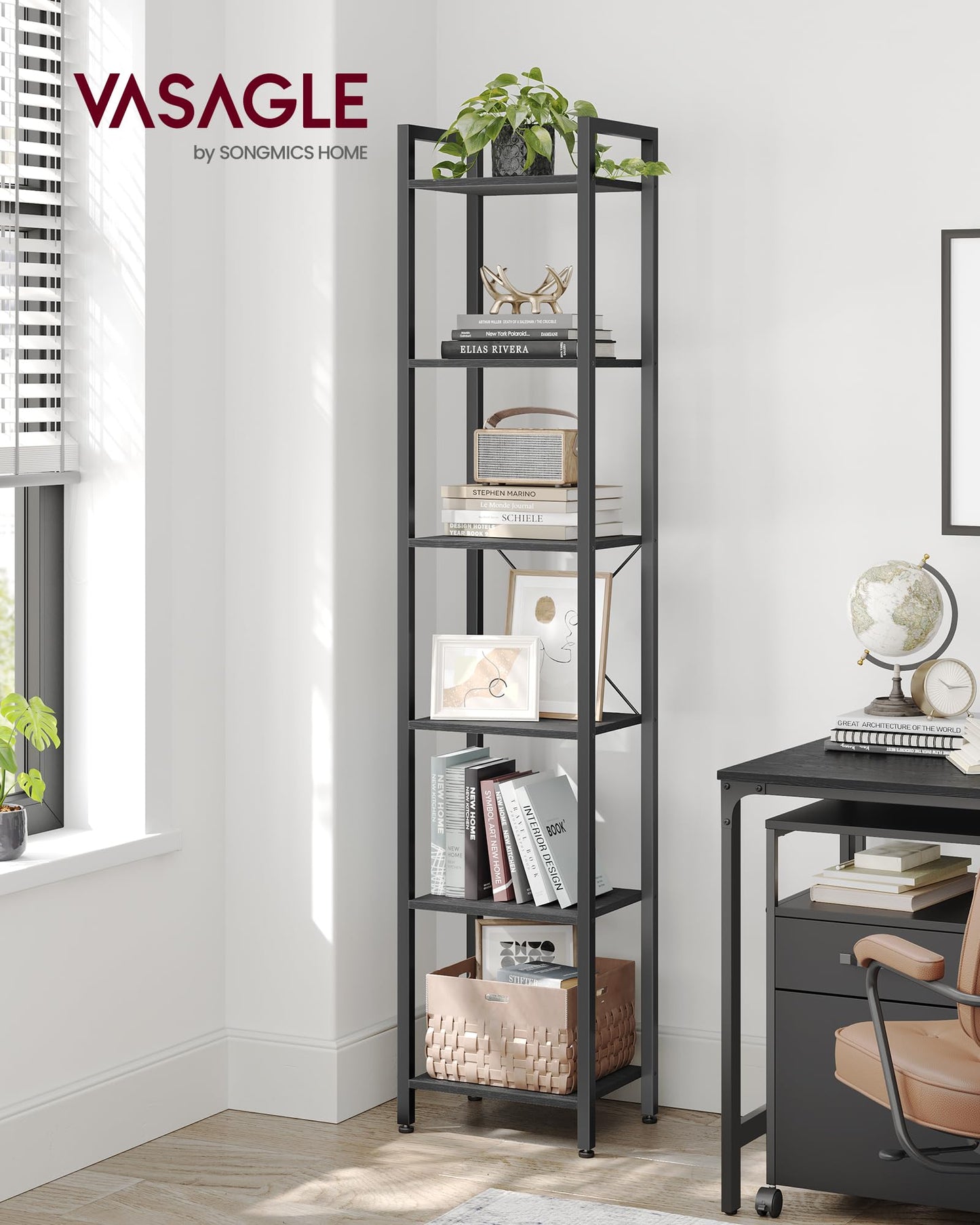 VASAGLE 6-Tier Tall Bookshelf, Narrow Bookcase with Steel Frame, Skinny Book Shelf for Living Room, Home Office, Study, 11.8 x 15.7 x 73.8 Inches, Industrial Style, Ebony Black and Black ULLS101B56