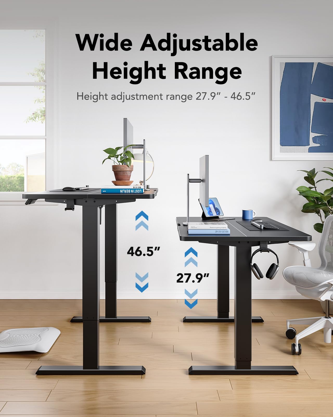 HUANUO 48" x 24" Electric Standing Desk Adjustable Height, 4 Memory Height Settings, Headphone Hook, Cable Manager, Sit Stand Up Desk for Home Office & Computer Workstation, Black - WoodArtSupply