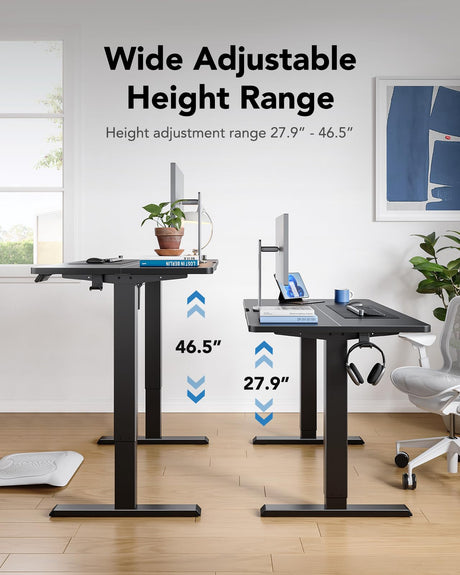HUANUO 48" x 24" Electric Standing Desk Adjustable Height, 4 Memory Height Settings, Headphone Hook, Cable Manager, Sit Stand Up Desk for Home Office & Computer Workstation, Black HUANUO