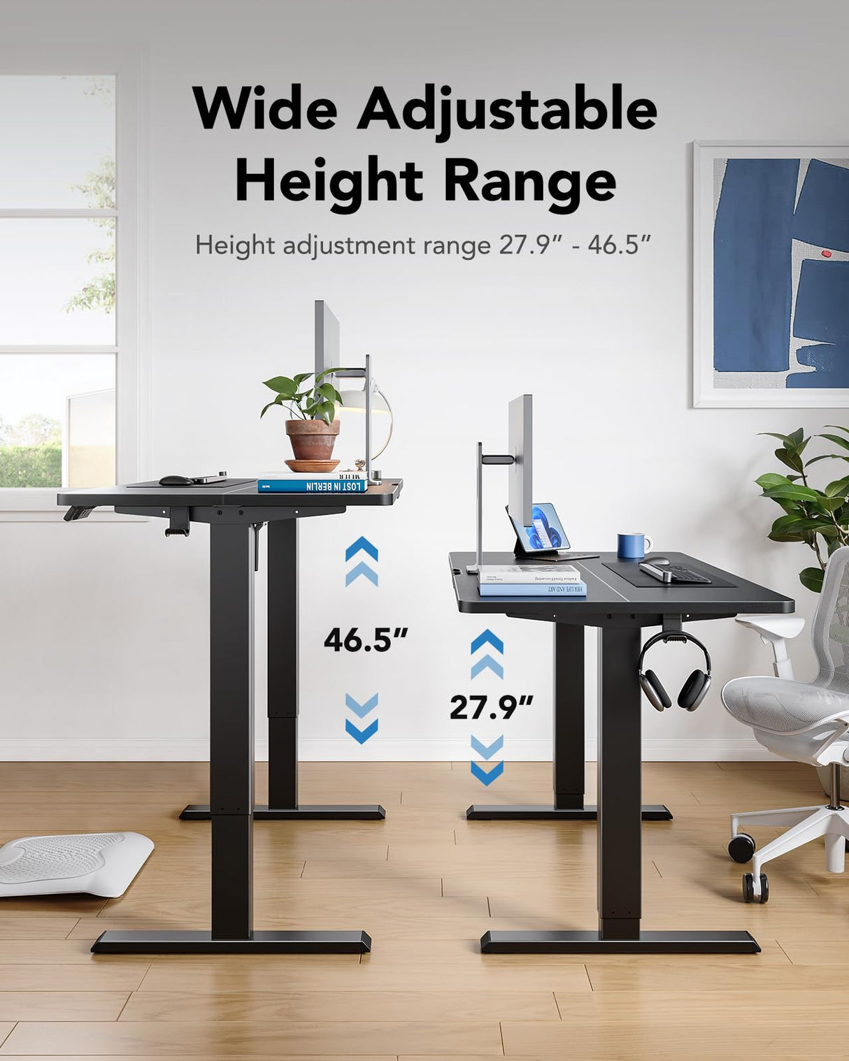 HUANUO 40" x 24" Electric Standing Desk Adjustable Height, 4 Memory Height Settings, Headphone Hook, Cable Manager, Sit Stand Up Desk for Home Office & Computer Workstation, Black HUANUO