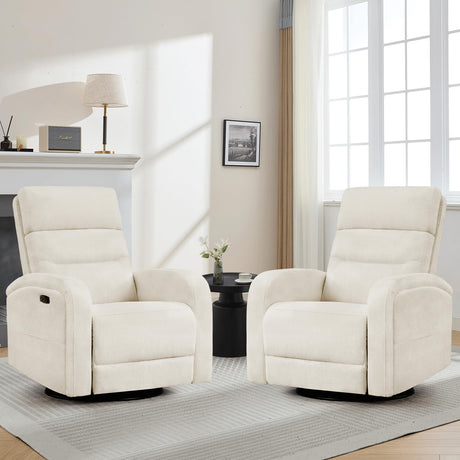 Glider Recliner Nursery Chair, Power Swivel Rocker Recliner with Adjustable Backrest Support, Swivel Rocking Nursery Recliner Chairs with USB and Type-C Ports for Living Room, Chenille Cream White AEMEIOS