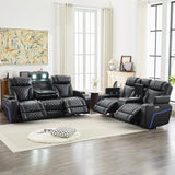 Power Recliner Sofa Set of 2 Pieces with Adjustable Headrest, Wireless Charger for Living Room, Electric Reclining Couch, Faux Leather 3 Seaters and Loveseat Theater Chair with LED Lights, Black Comfort Stretch
