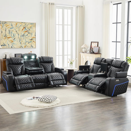 Power Recliner Sofa Set of 2 Pieces with Adjustable Headrest, Wireless Charger for Living Room, Electric Reclining Couch, Faux Leather 3 Seaters and Loveseat Theater Chair with LED Lights, Black Comfort Stretch
