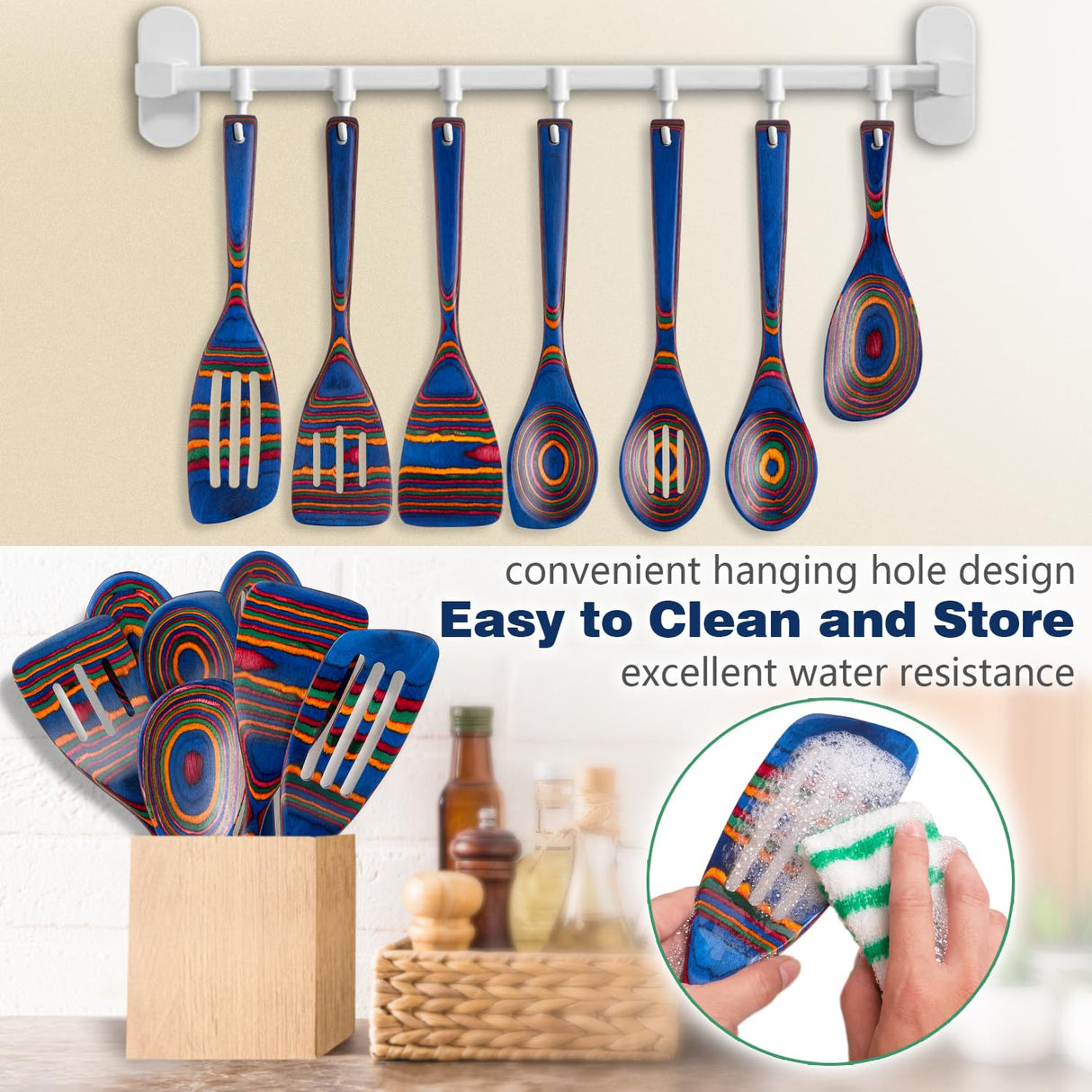 Wooden Spoons for Cooking, 7 Pcs Pakkawood Wooden Kitchen Cooking Spoon Utensil Tools Set Includes Spatula Corner Spoon Rice Paddle Friendly to Non-Stick Cookware by HOWHONG (Blue) HOWHONG