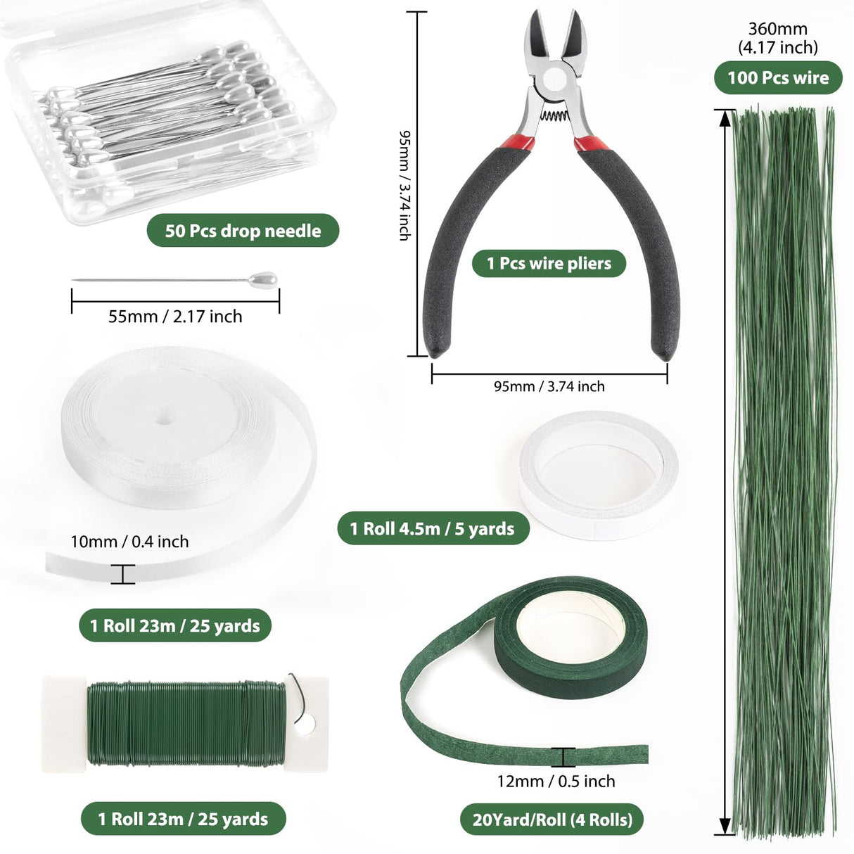 NESCCI Floral Arrangement Kit with Green Floral Tape and Wire,26 Gauge Floral Stem Wire,22 Gauge Floral Wire,Boutonniere Pin for Bouquet Stem Wrap Florist. NESCCI