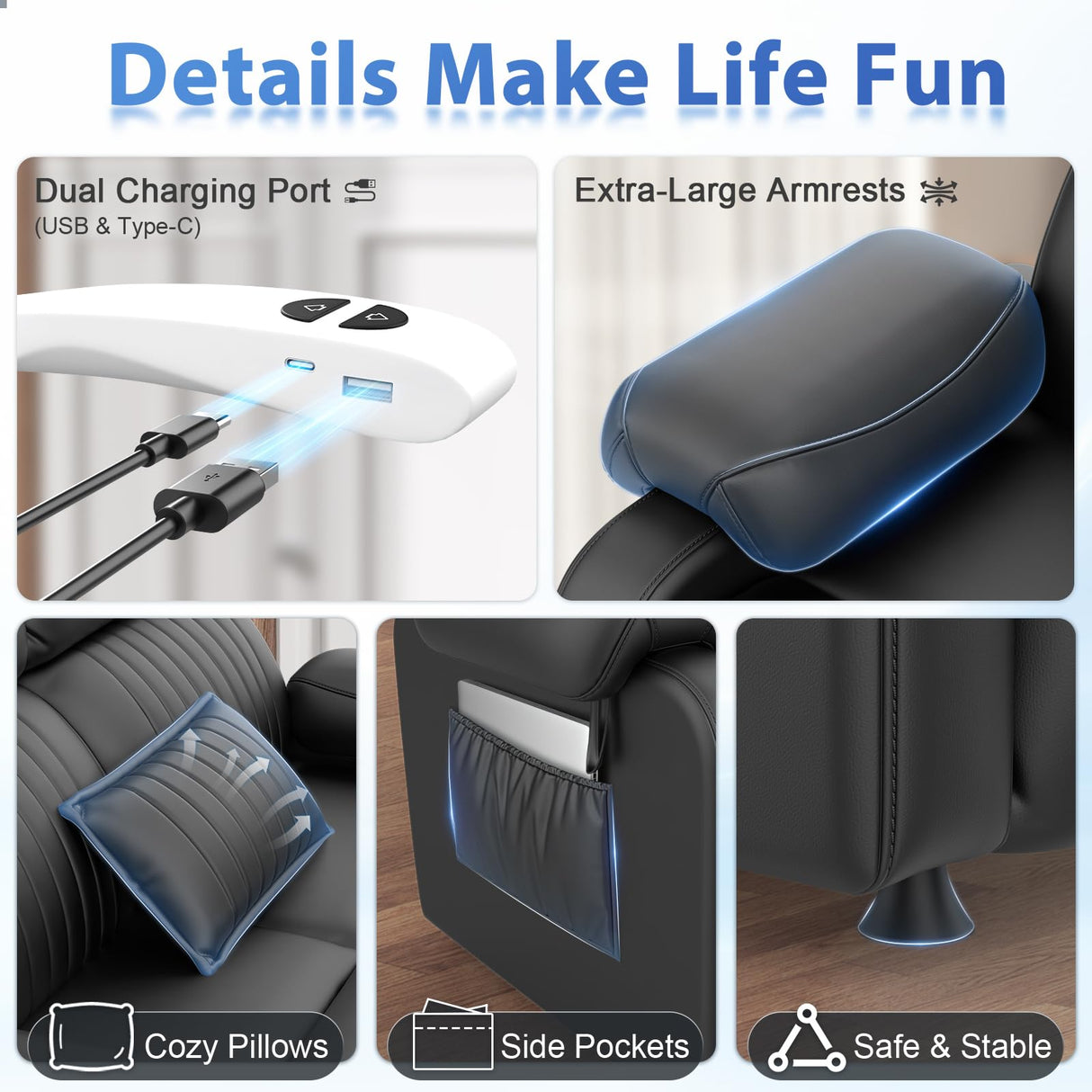 Duitrc Power Loveseat Recliner Sofa, Black PU Leather Zero Gravity Double Reclining RV Couch with USB & Type C Ports, Pillows, Side Pockets, 2 Seater for Living Room Duitrc