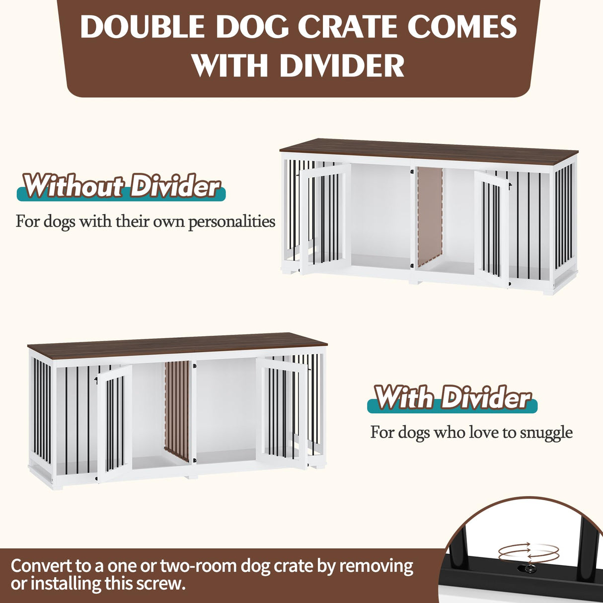 PIAOMTIEE 70.9" Large Double Dog Crate Furniture, Wooden Dog Crate Kennel Furniture with Divider & 2 Trays, Dog Crates Furniture for Large or 2 Medium Dogs Indoor, White PIAOMTIEE