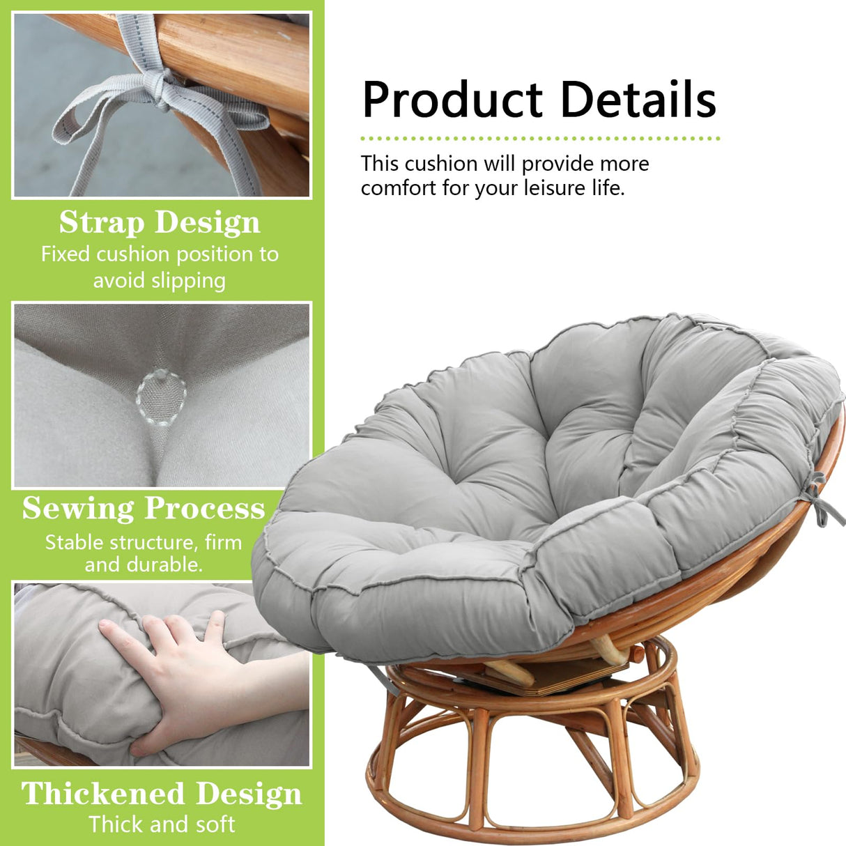 Bextile Papasan Chair Cushion, Papasan Cushion Only, 52 inch Papasan Cushion, Thickened Overstuffed Round Cushion (Gray, 52in) Bextile